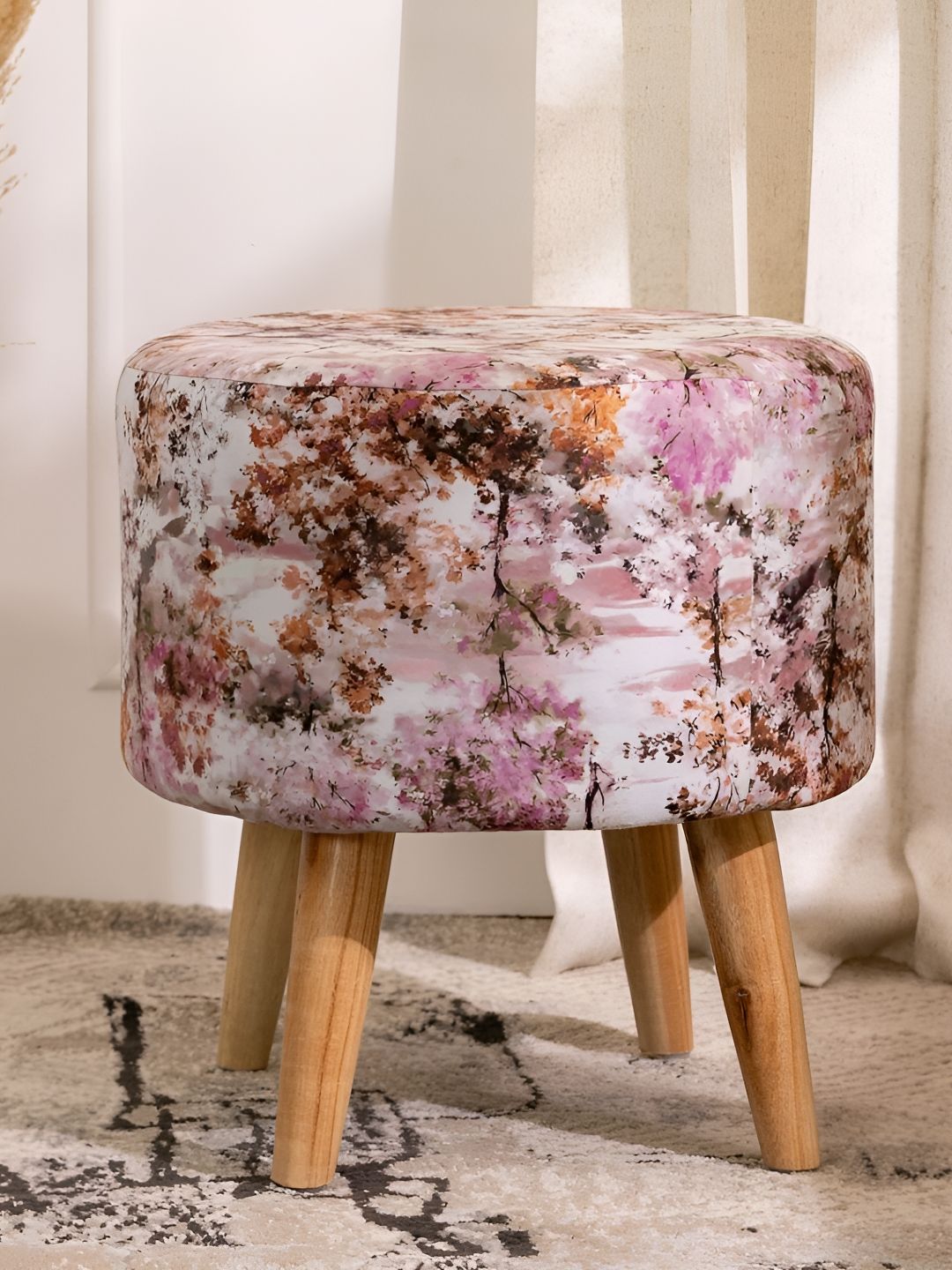 THREADVIBE LIVING Pink & Brown Floral Printed Wooden & Velvet Round Ottoman-image-39