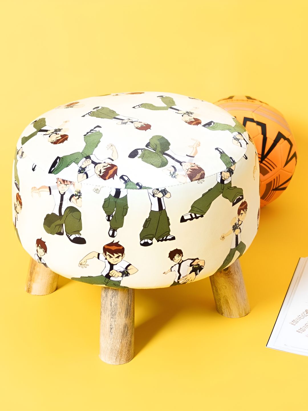THREADVIBE LIVING White & Green Printed Wooden & Velvet Round Ottoman-picture-11