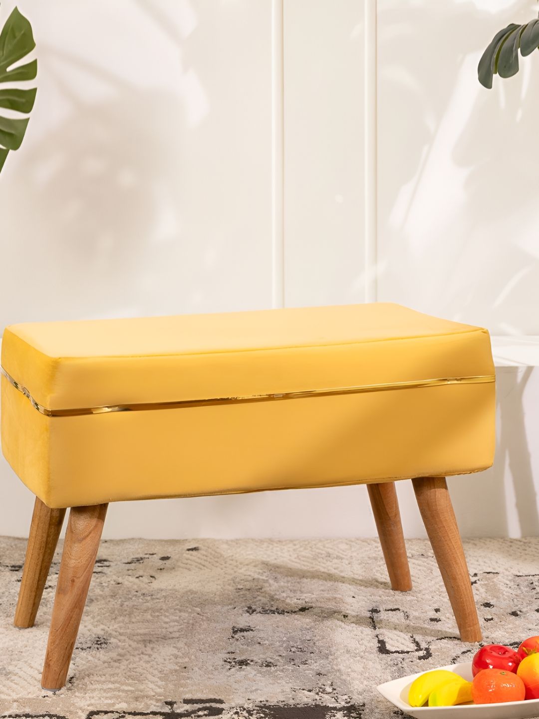 THREADVIBE LIVING Yellow & Brown Wooden & Velvet Rectangle Ottoman-picture-48