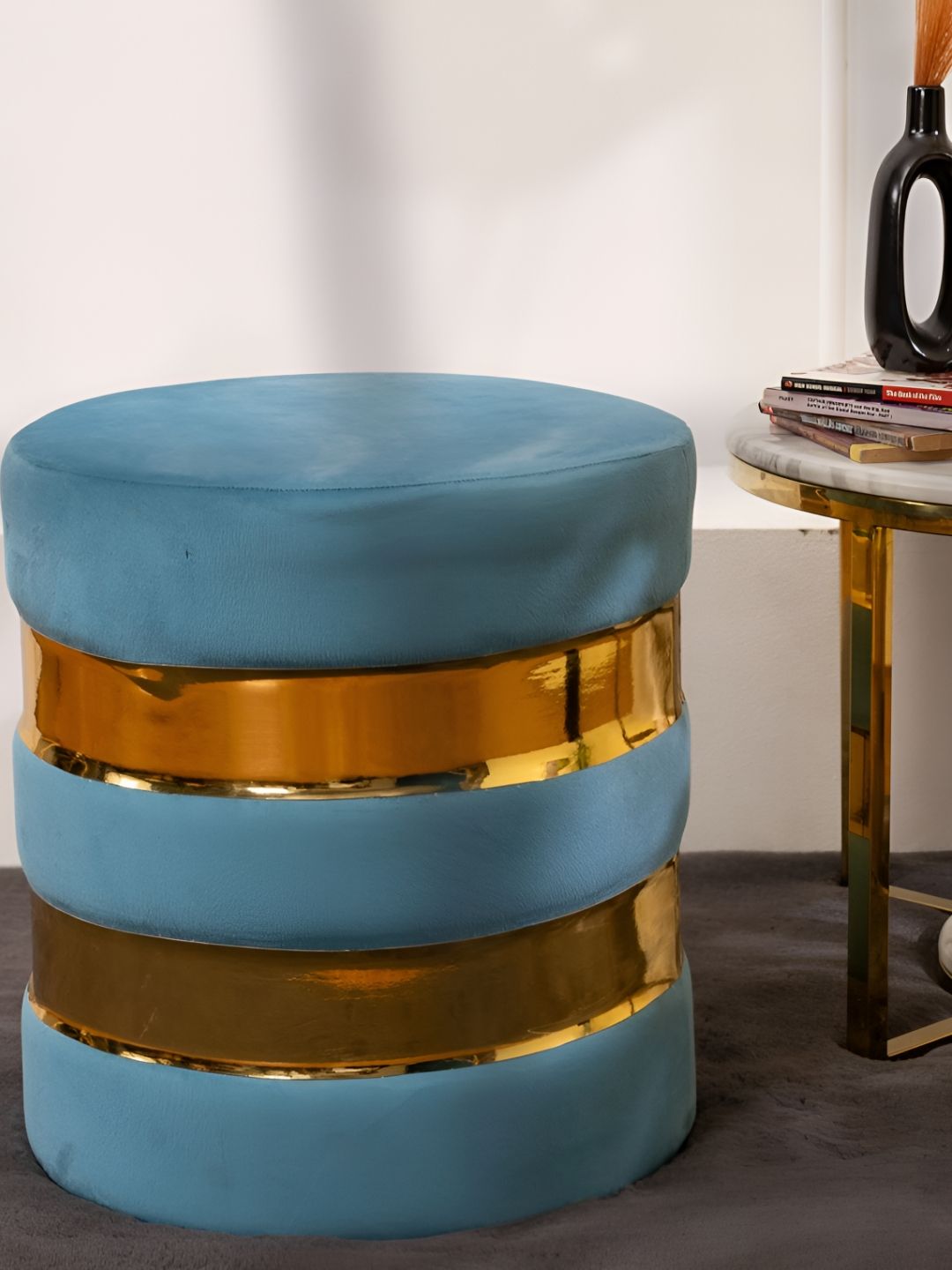 THREADVIBE LIVING Blue Wooden & Velvet Round Ottoman-picture-40