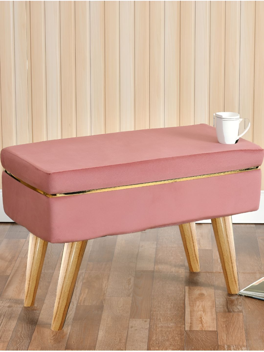 Shadowkart Pink & Brown Wooden & Velvet Rectangle Ottoman-picture-31