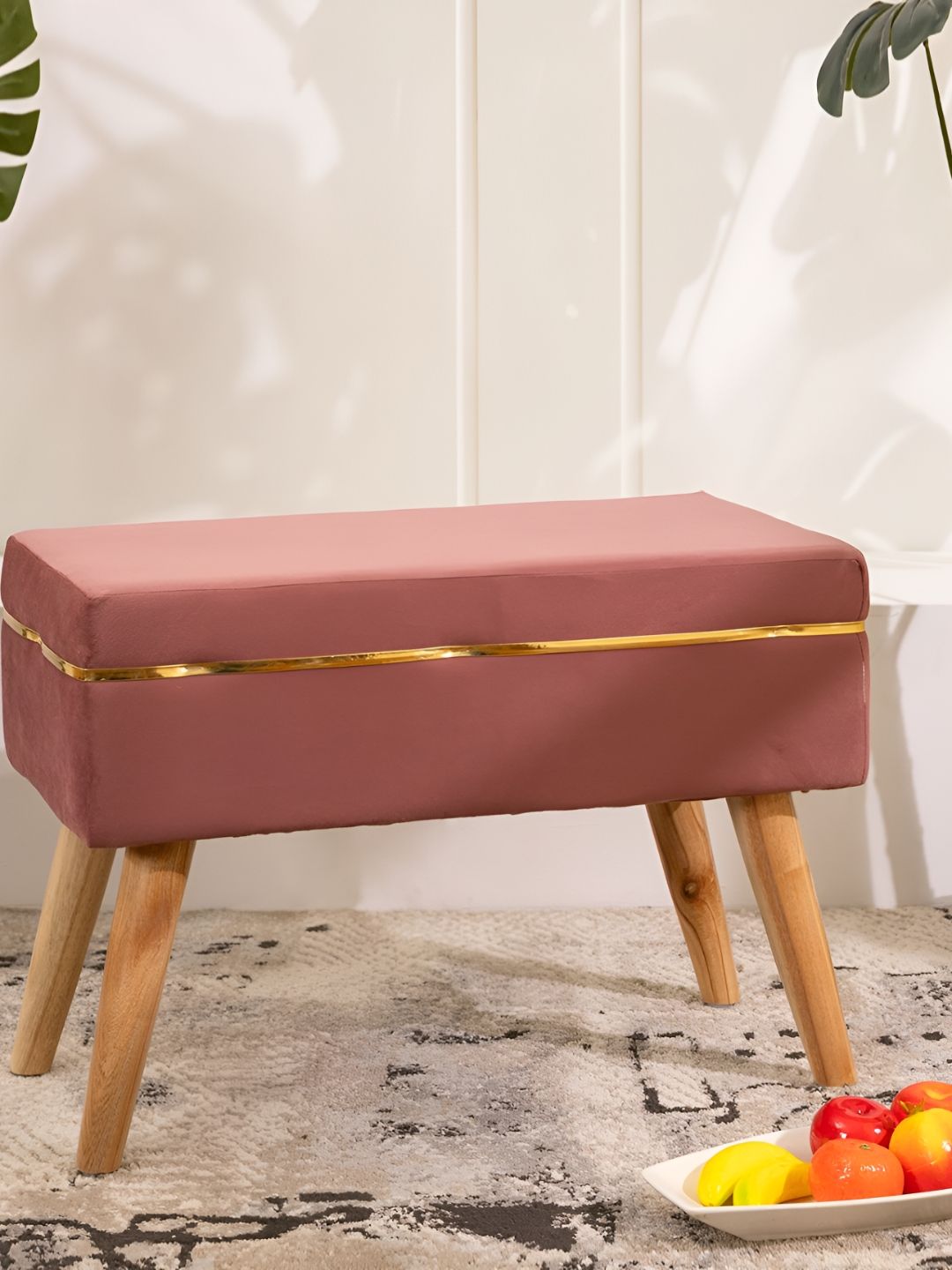 THREADVIBE LIVING Pink & Brown Wooden & Velvet Rectangle Ottoman-picture-23