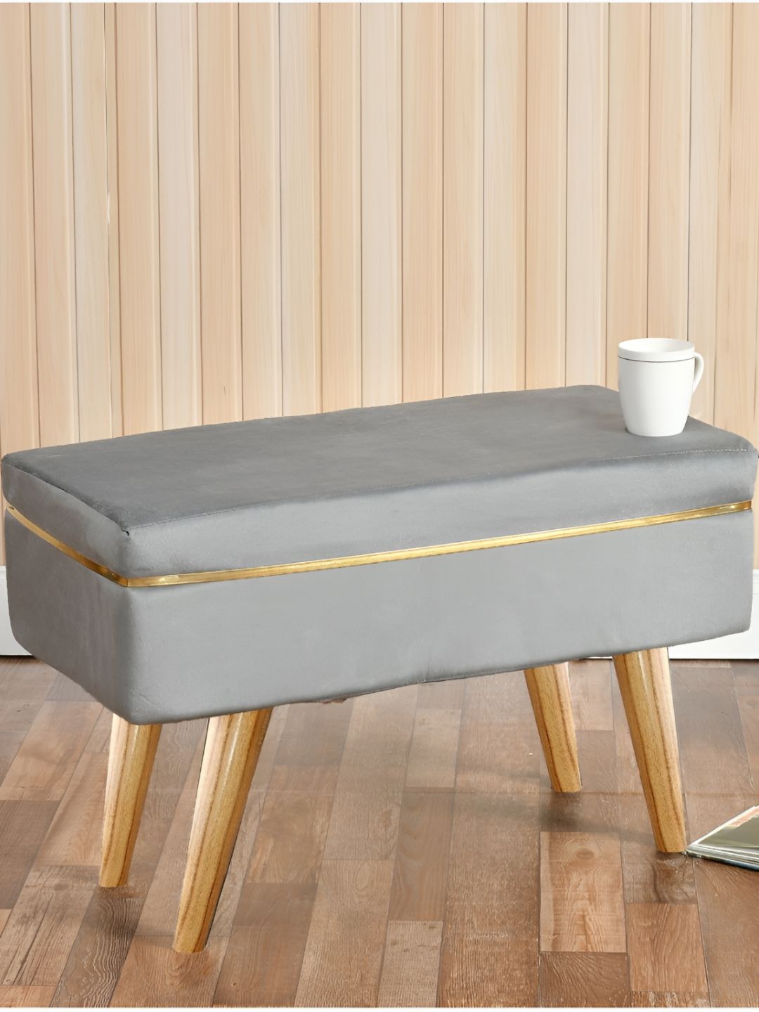 Shadowkart Grey & Brown Rectangle Wooden & Velvet Pouffes Ottoman-picture-38