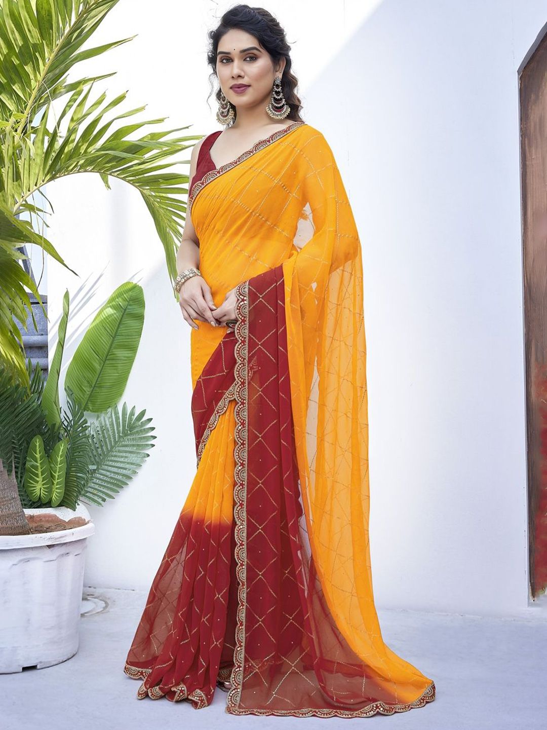 Subham Poly Georgette Geometric Printed Sequinned Saree-picture-20