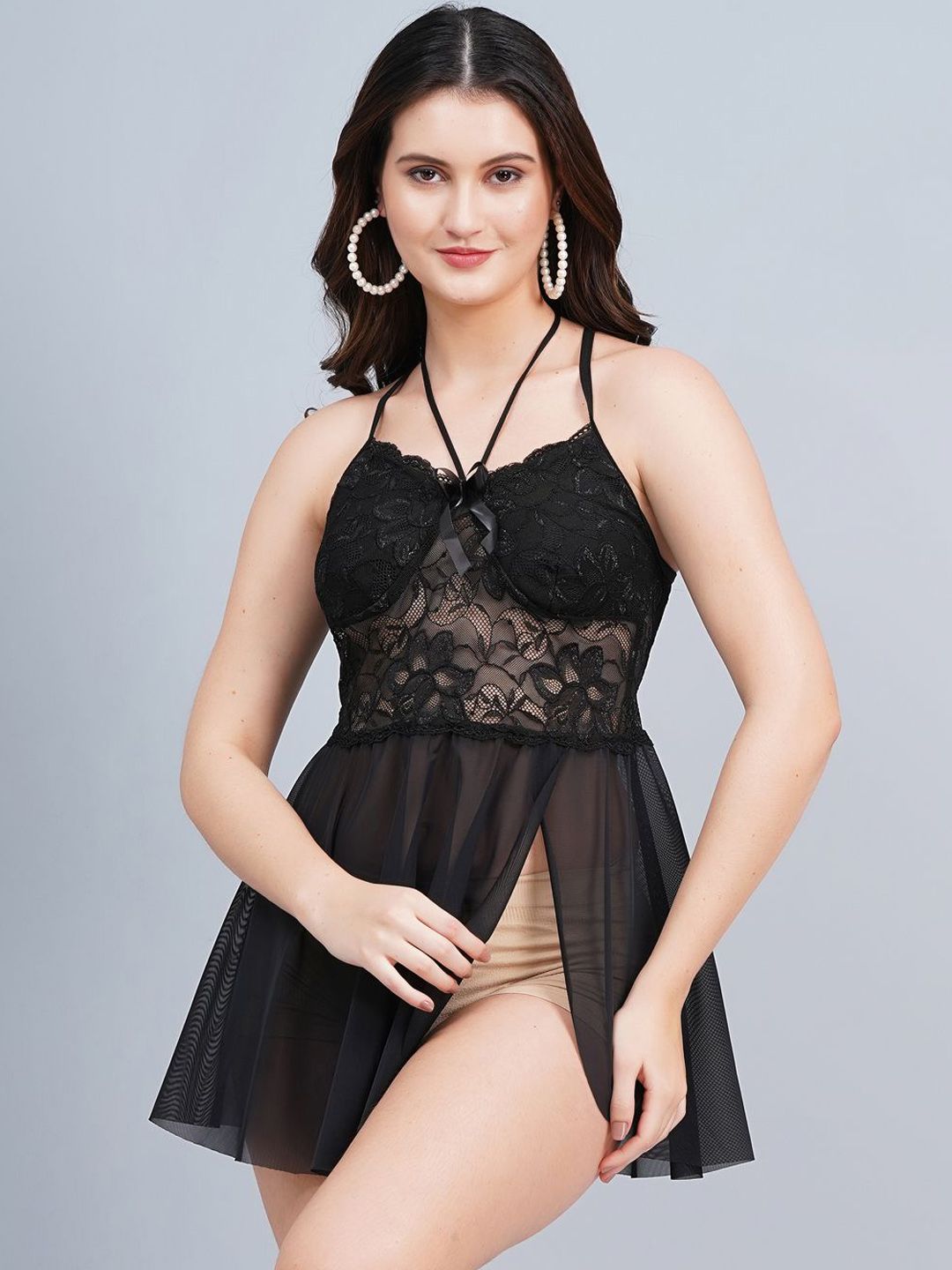 Broiden Women Self Design Net Halter Neck Baby Doll