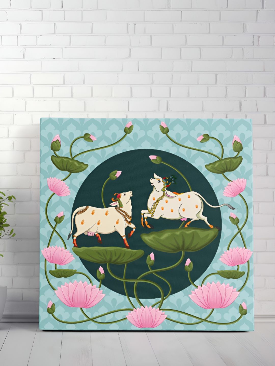 Livin'luxe Blue & Green Pichwai Cow Printed Canvas Wall Painting-image-29