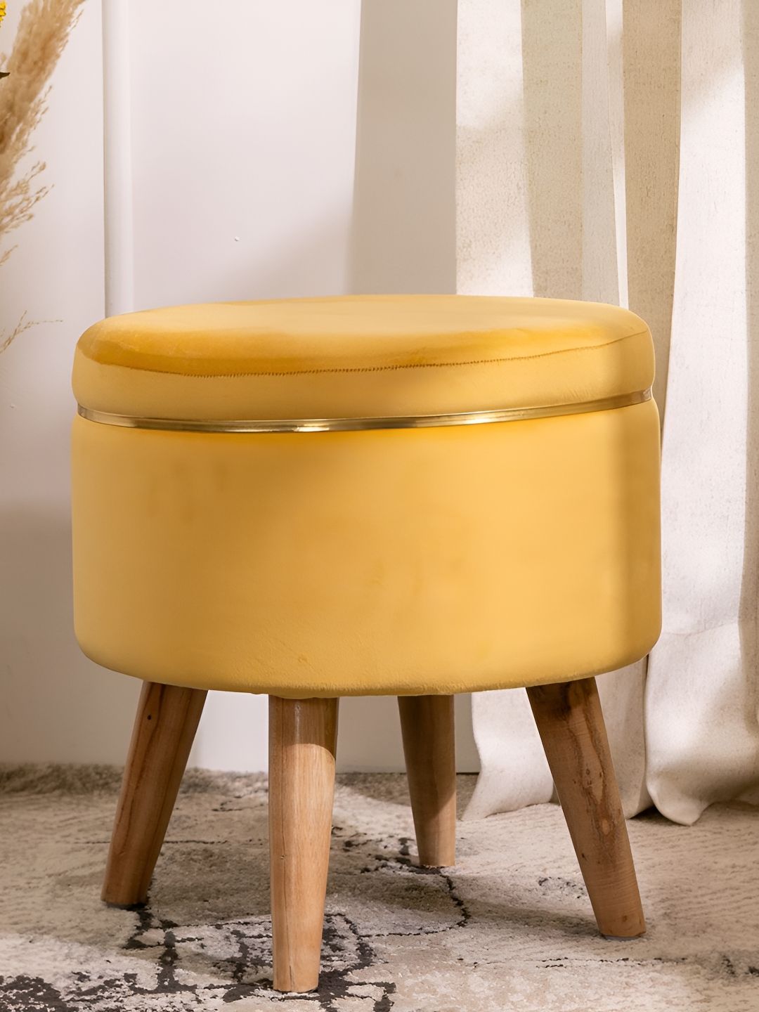 THREADVIBE LIVING Yellow & Brown Wooden & Velvet Round Ottoman-image-25