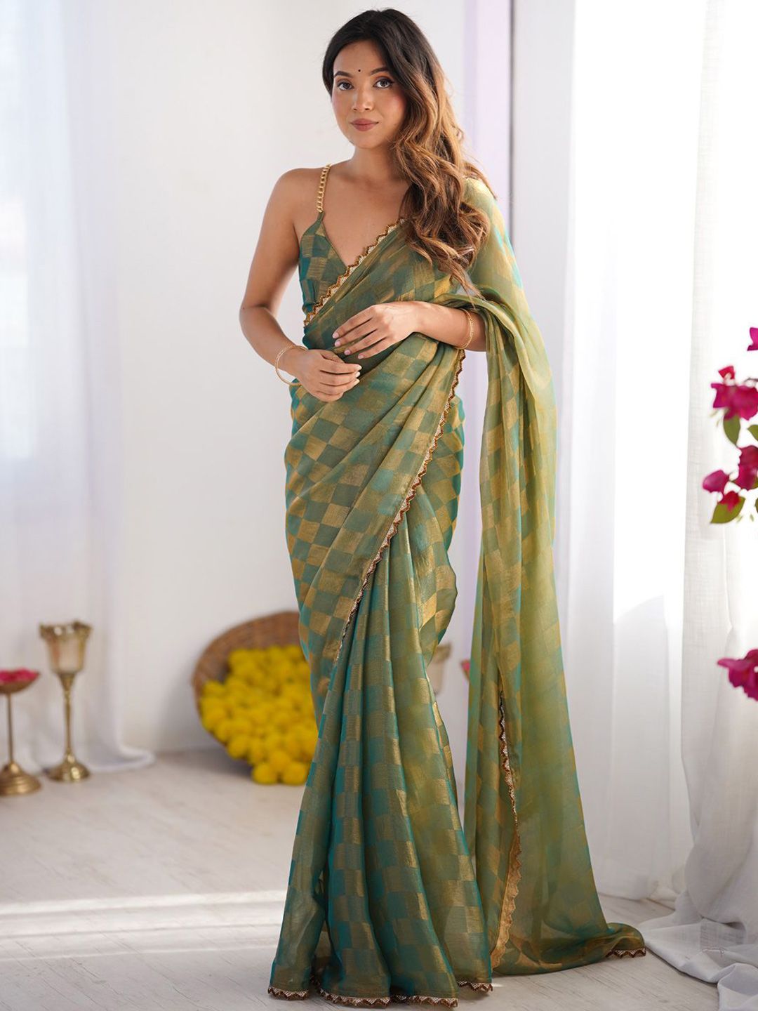 Anouk Checked Woven Design Beads and Stones Pure Chiffon Saree-picture-12