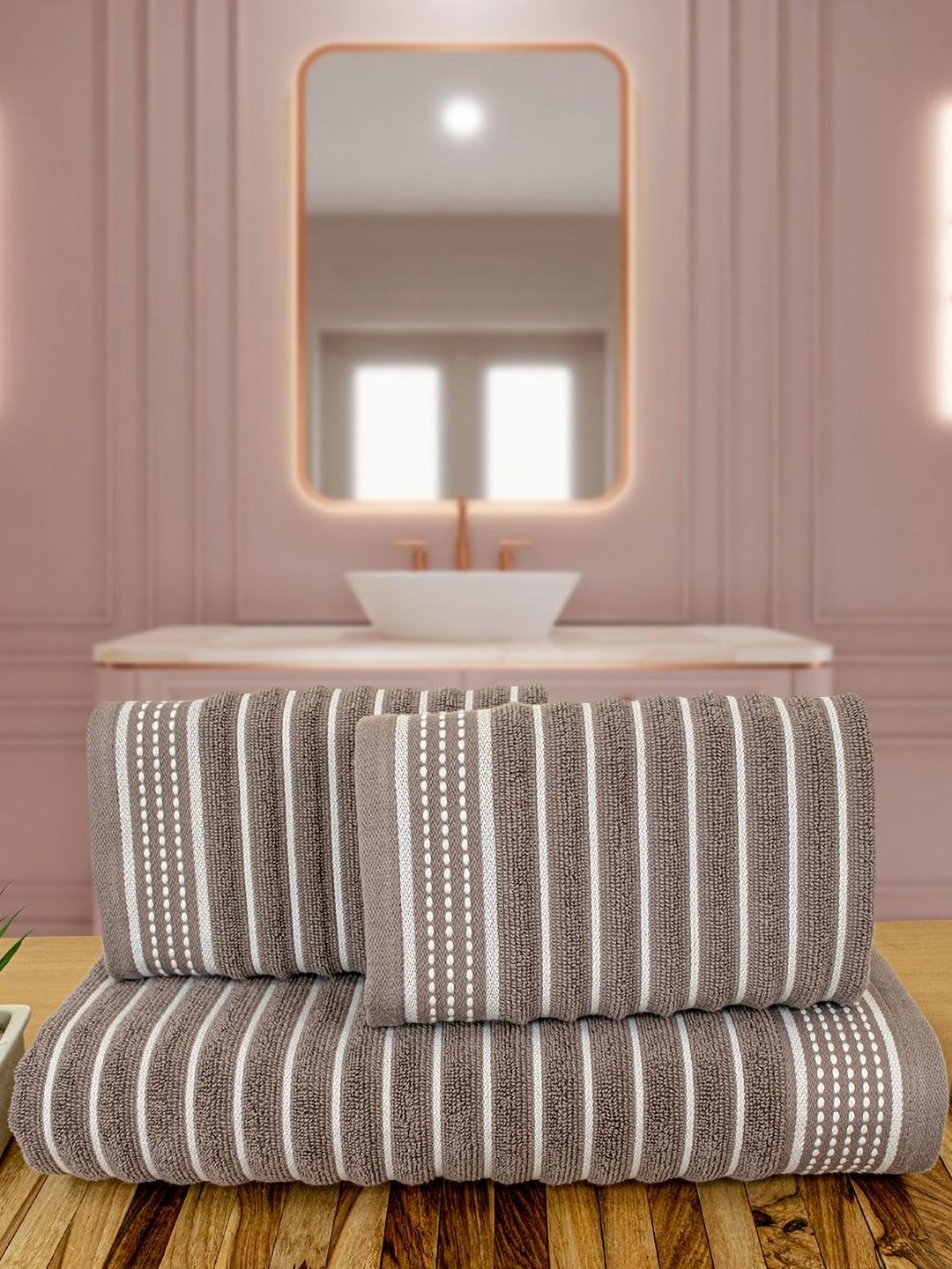 Myntra Elegant Homes Brown & White 3 Pieces Striped Cotton 520 GSM Towel Set-image-20