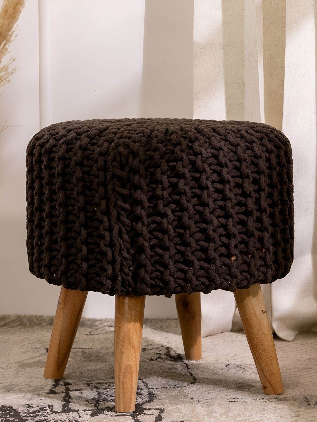 THREADVIBE LIVING Brown Wooden & Velvet Round Ottoman-picture-27