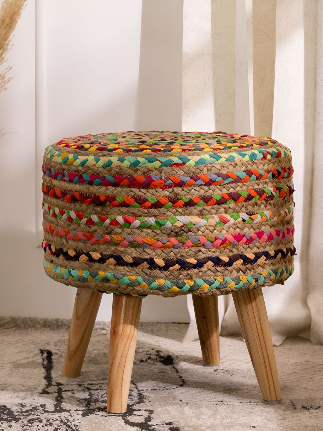 THREADVIBE LIVING Yellow & Brown Wooden & Jute Chindi Jute Round Ottoman-picture-24