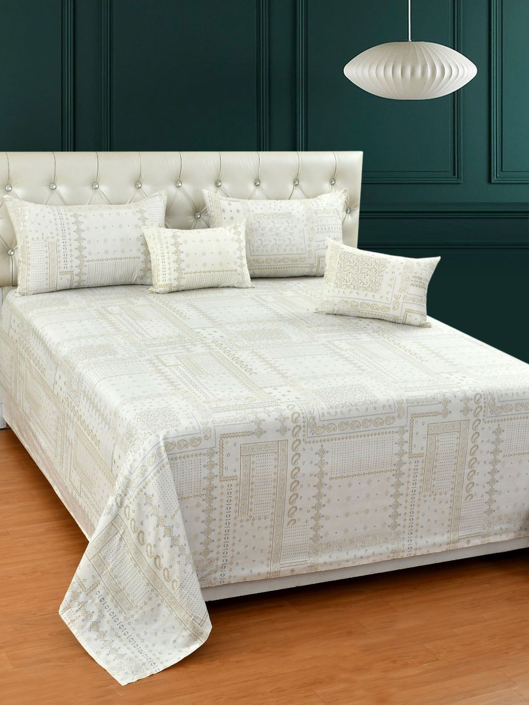 MORADO Mustard & White Geometric Cotton 5 Pieces Cotton Double King Superfine Bedding Set-image-6