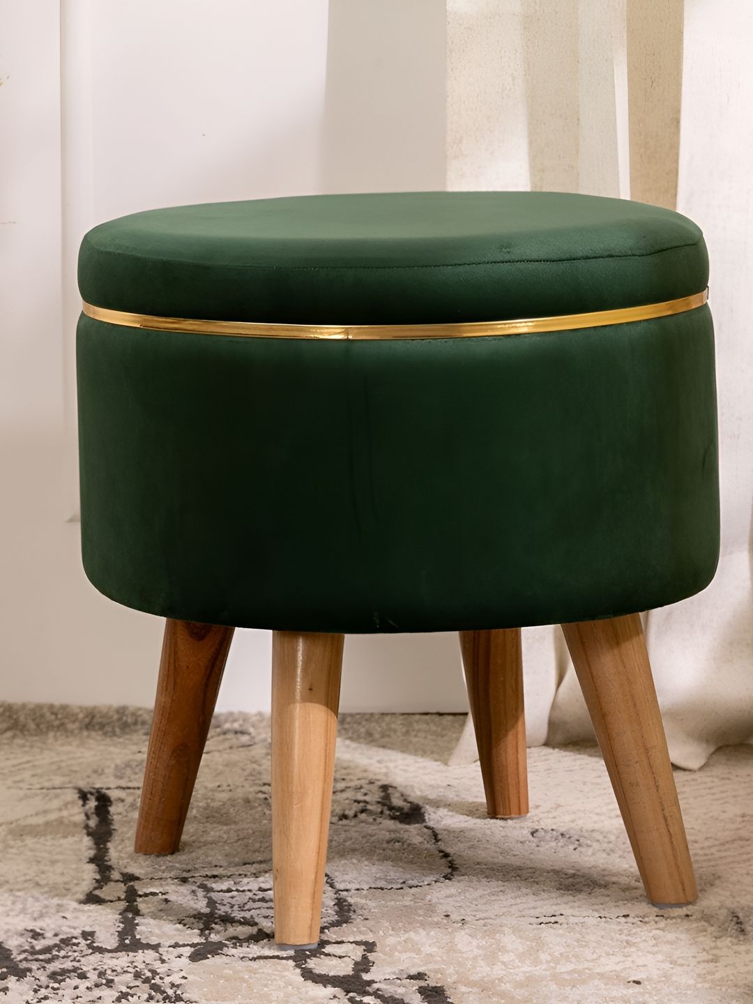 THREADVIBE LIVING Green & Brown Wooden & Velvet Round Ottoman-picture-16