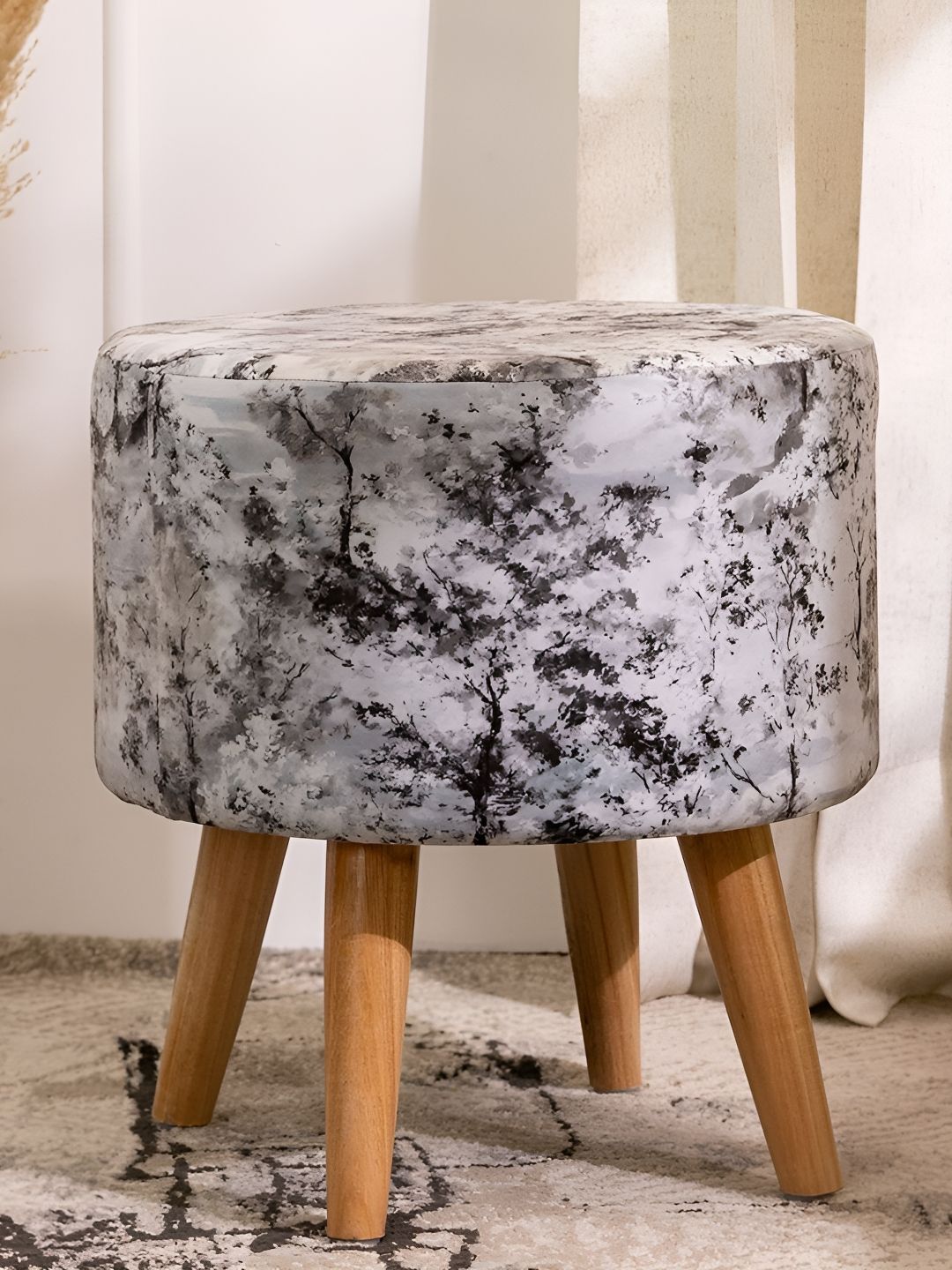 THREADVIBE LIVING Grey & Black Abstract Printed Wooden & Velvet Round Ottoman-picture-55