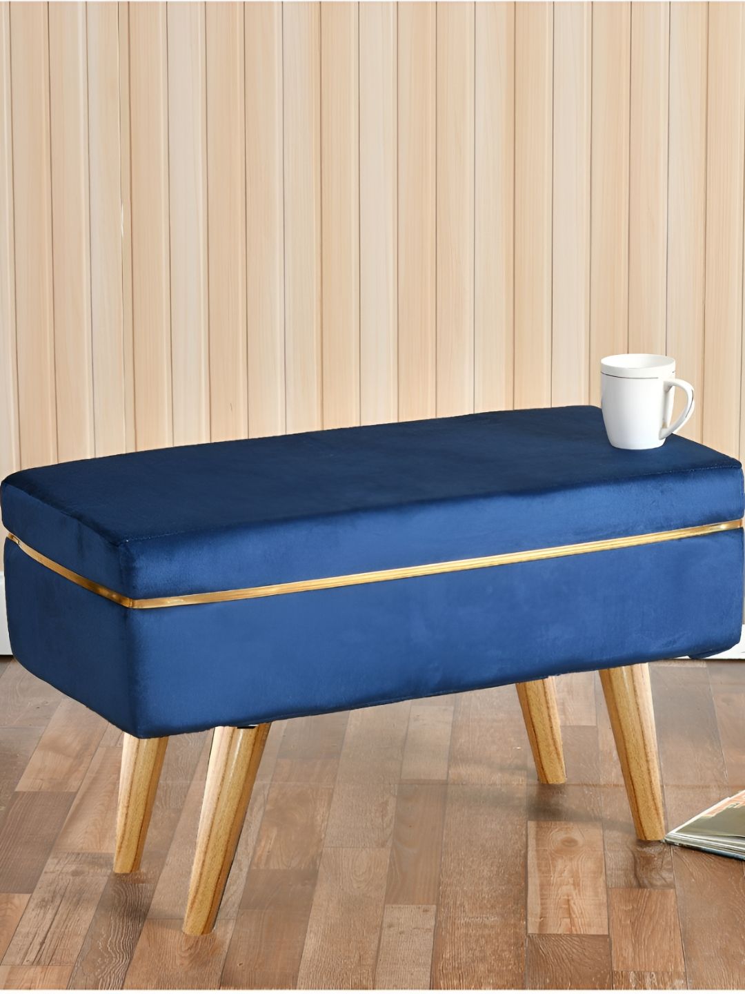 Shadowkart Blue & Brown Wooden & Velvet Rectangle Ottoman-picture-29