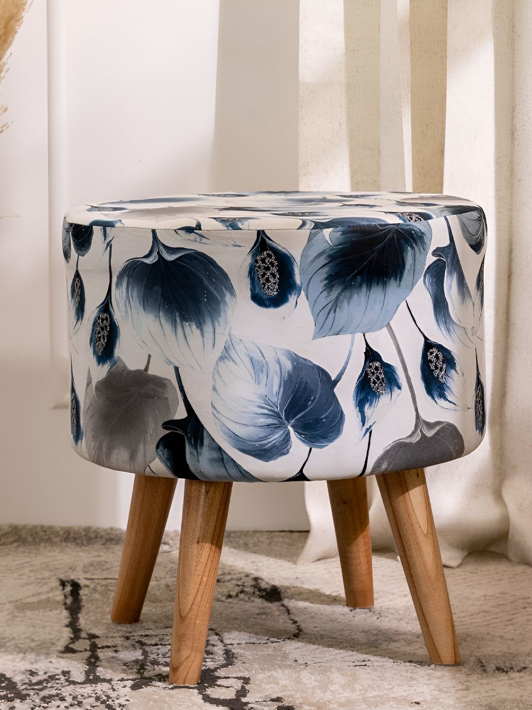 THREADVIBE LIVING Blue & White Printed Wooden & Velvet Round Ottoman-image-35