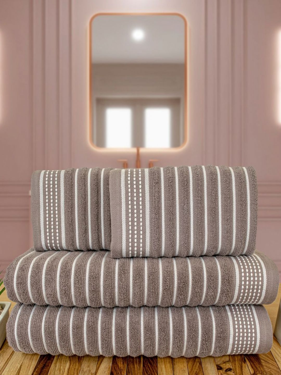 Myntra Elegant Homes Brown & White 4 Pieces Striped Cotton 520 GSM Towel Set-image-36