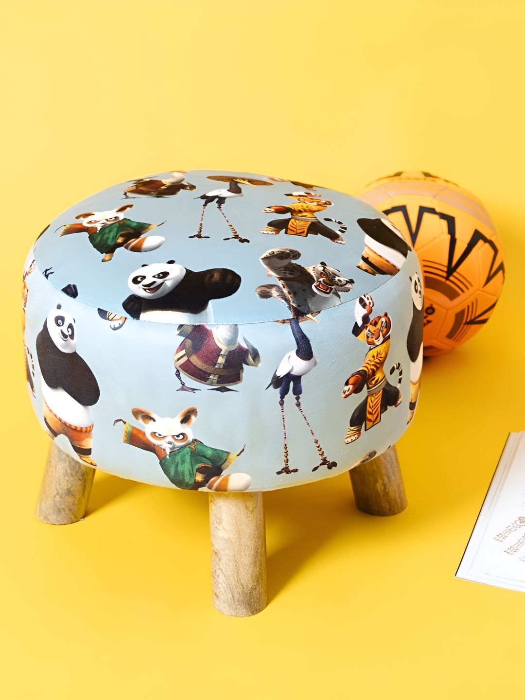 THREADVIBE LIVING Blue & Black Fu Panda Printed Wooden & Velvet Round Ottoman-picture-22