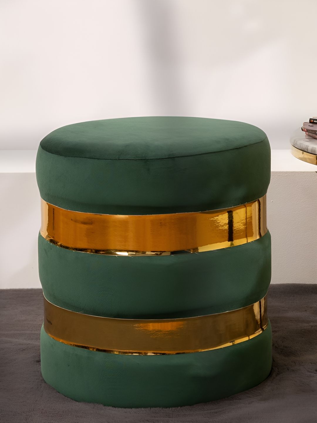THREADVIBE LIVING Green & Gold Toned Wooden & Velvet Round Ottoman-picture-14