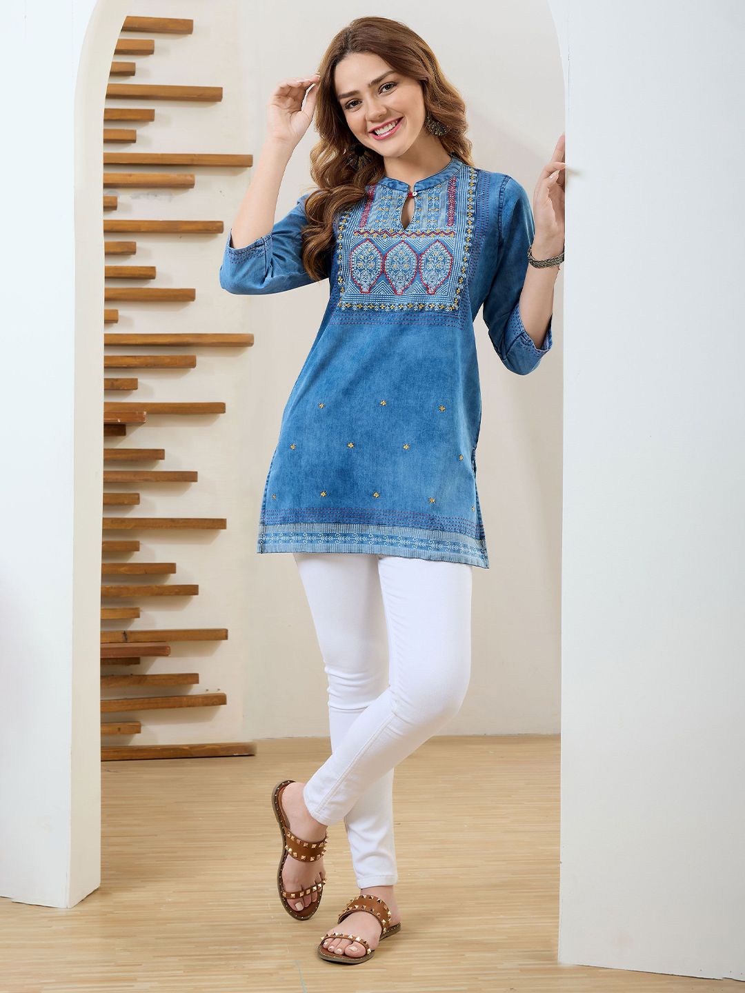 keshubaba Ethnic Motifs Printed Thread Work Mandarin Collar Denim Kurti-picture-27