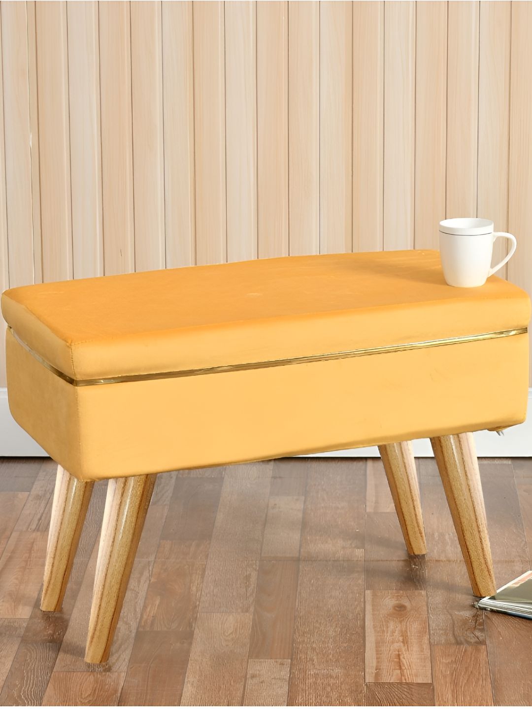 Shadowkart Yellow & Brown Rectangle Wooden & Velvet Pouffes Ottoman-image-12