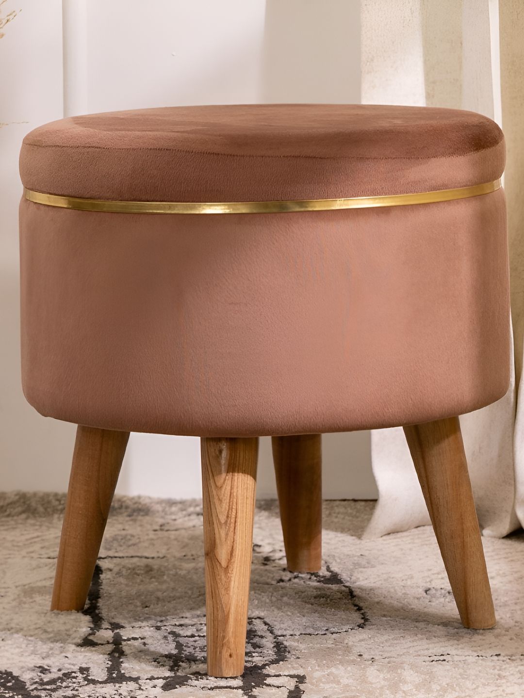 THREADVIBE LIVING Brown & Gold-Toned Wooden & Velvet Round Ottoman-picture-36