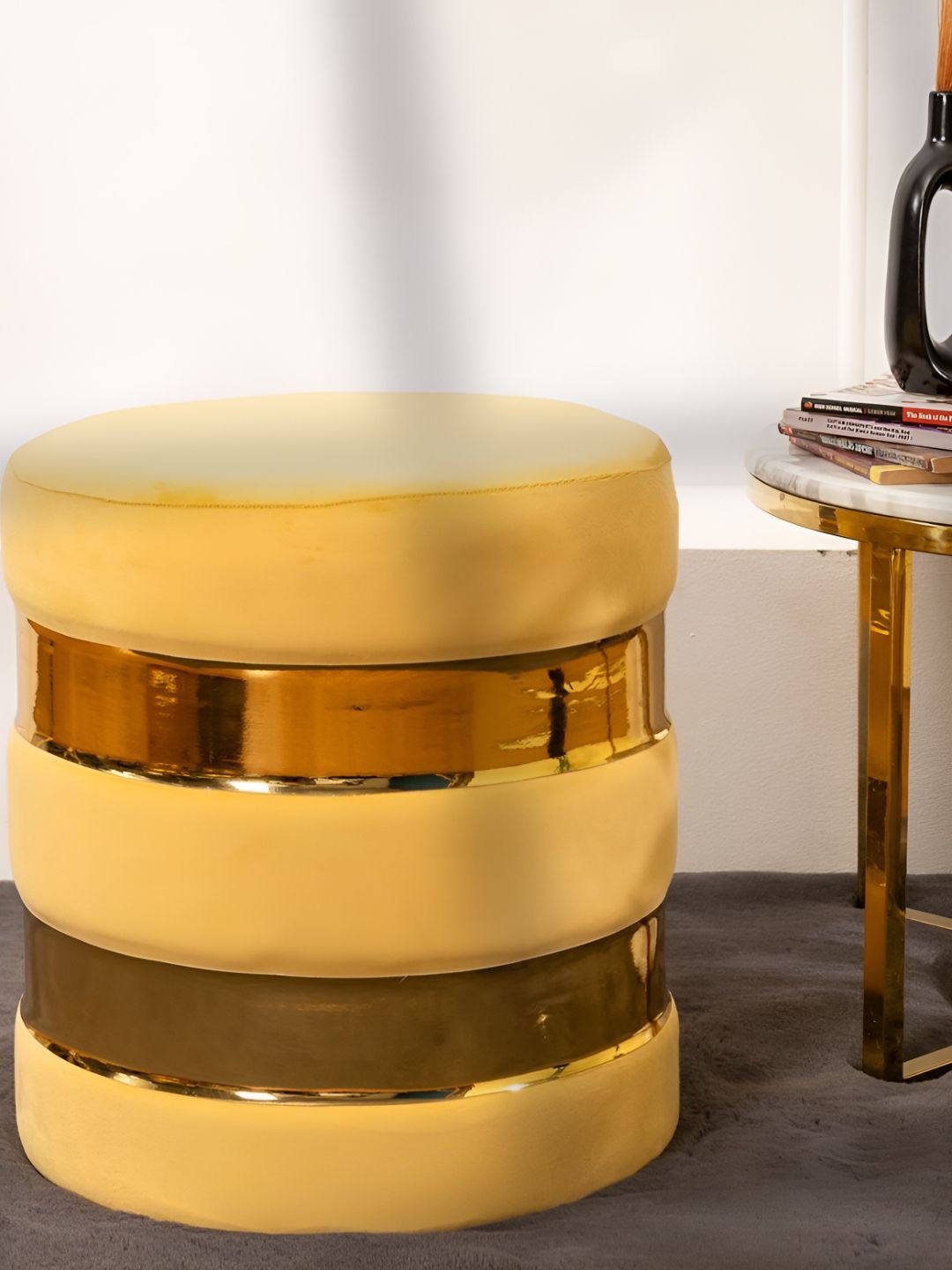 THREADVIBE LIVING Yellow Wooden & Velvet Round Ottoman-picture-37