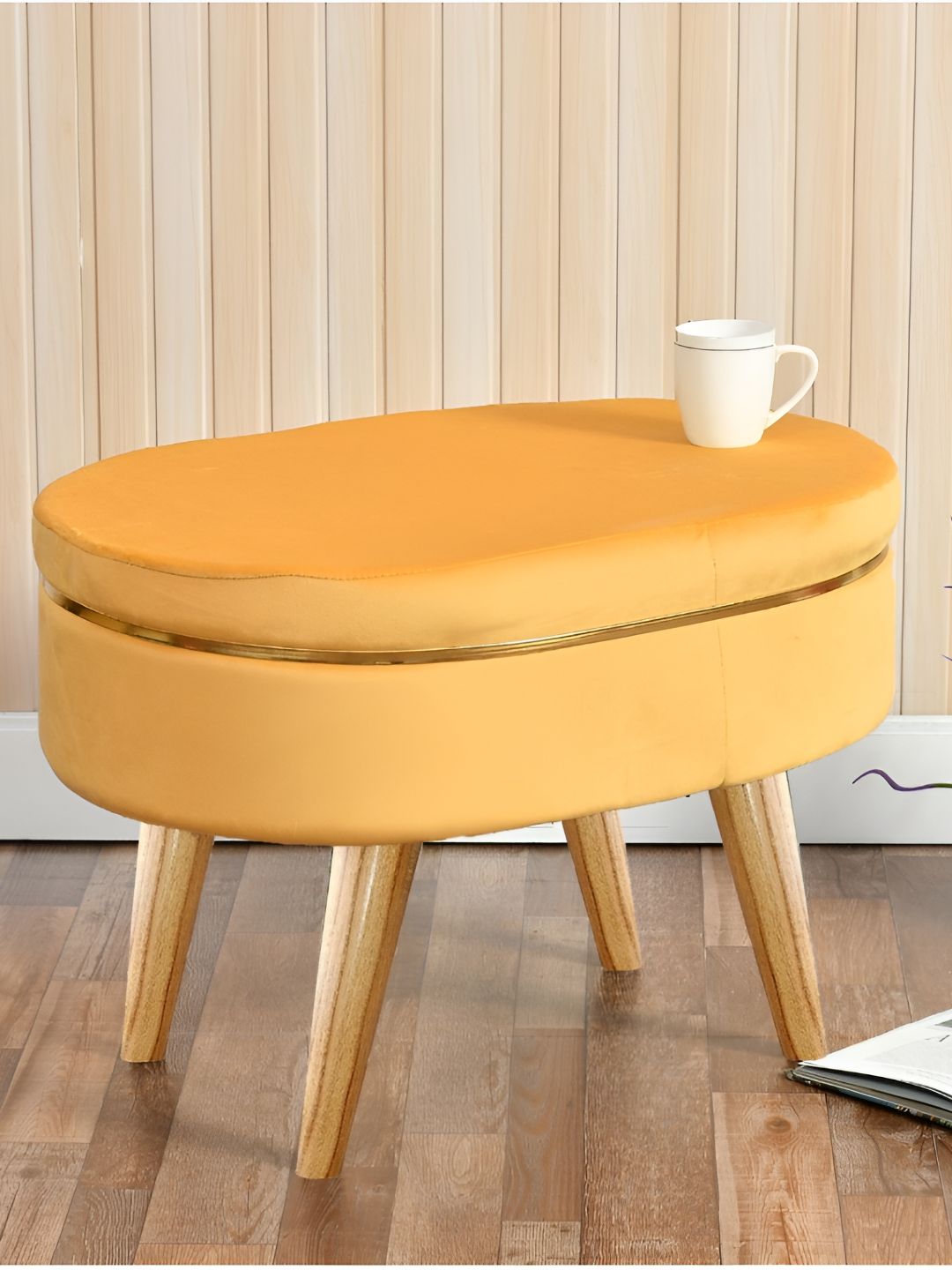 Shadowkart Yellow & Brown Freeform Wooden & Velvet Pouffes Ottoman-image-6