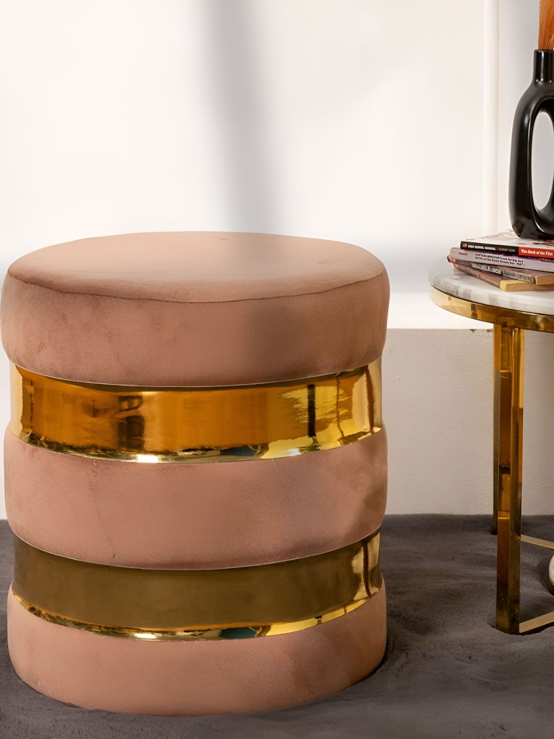 THREADVIBE LIVING Brown & Gold-Toned Wooden & Velvet Round Ottoman-picture-53