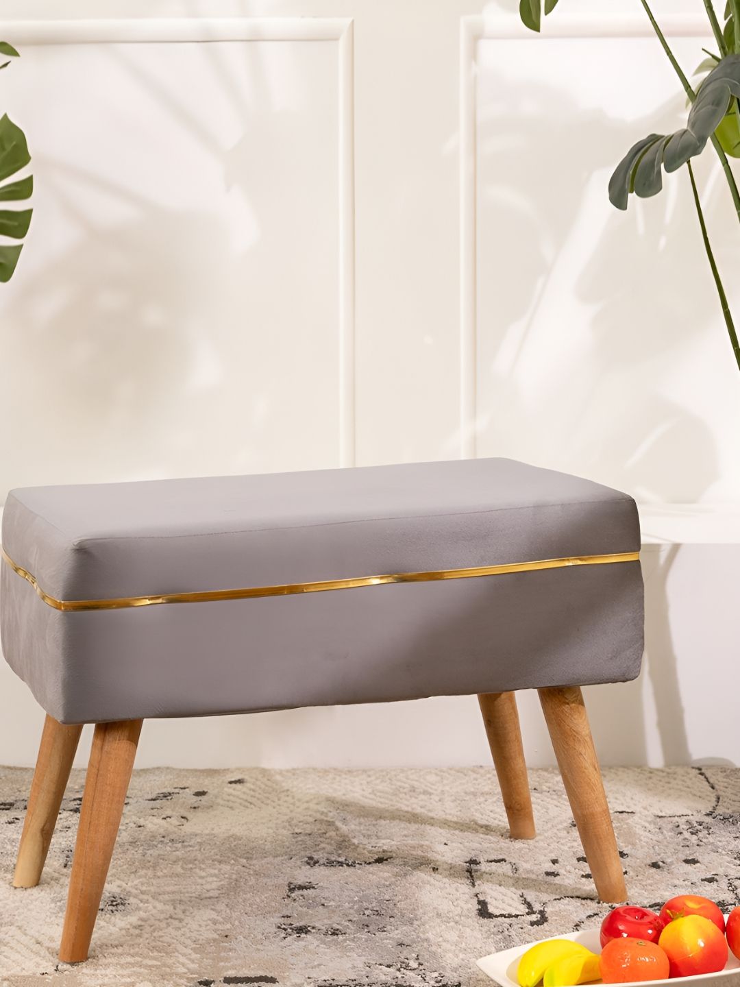 THREADVIBE LIVING Grey & Brown Wooden & Velvet Rectangle Ottoman-picture-40
