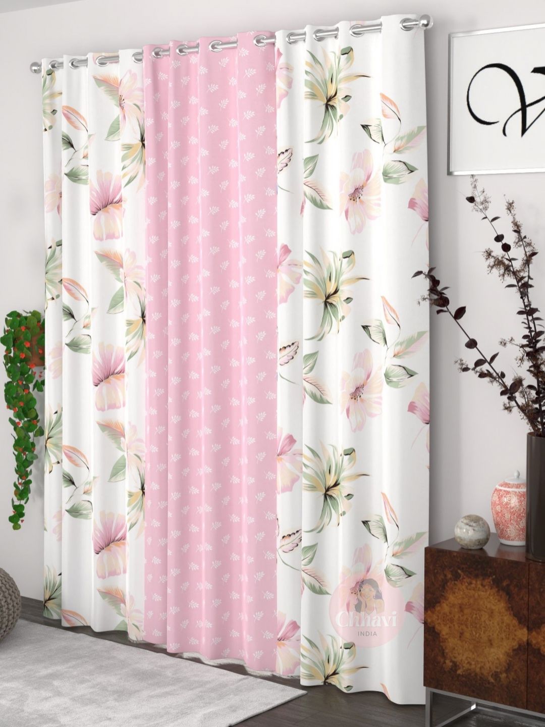 CHHAVI INDIA Pink & White 3 Pieces Floral Door Curtain