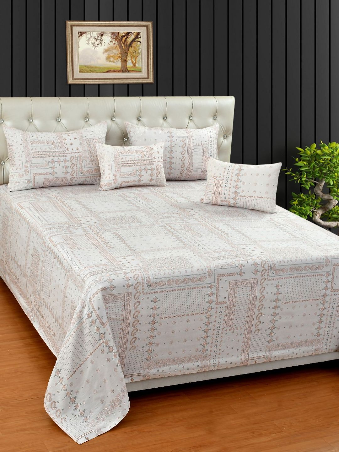 MORADO Pink & White Geometric Cotton 5 Piece Double King Superfine Bedding Set-picture-38