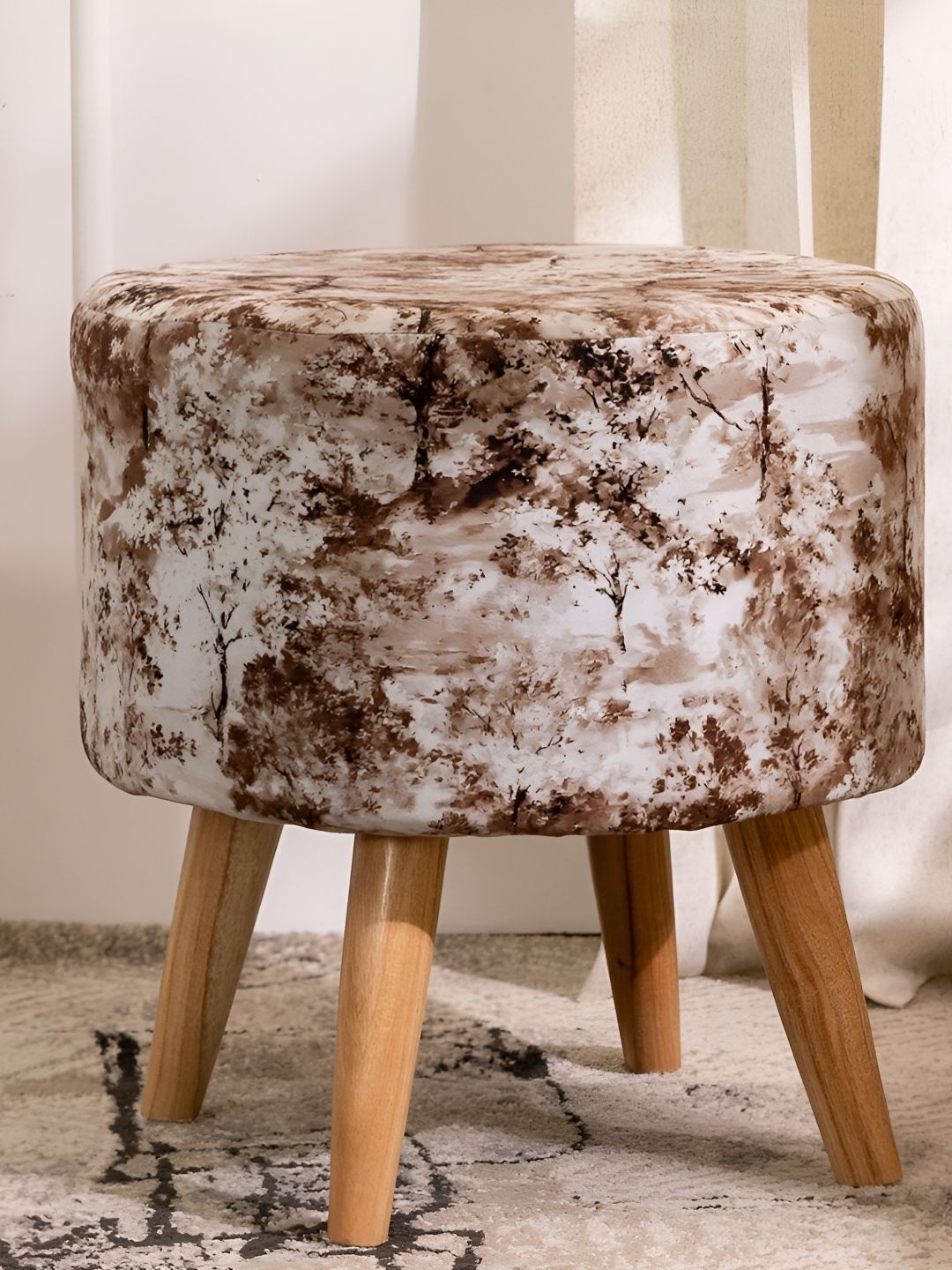 THREADVIBE LIVING White & Brown Abstract Printed Wooden & Velvet Round Ottoman-picture-26