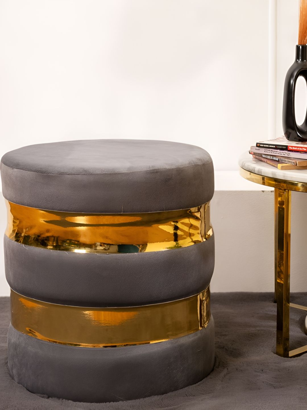 THREADVIBE LIVING Grey & Gold-Toned Wooden & Velvet Round Ottoman-picture-33