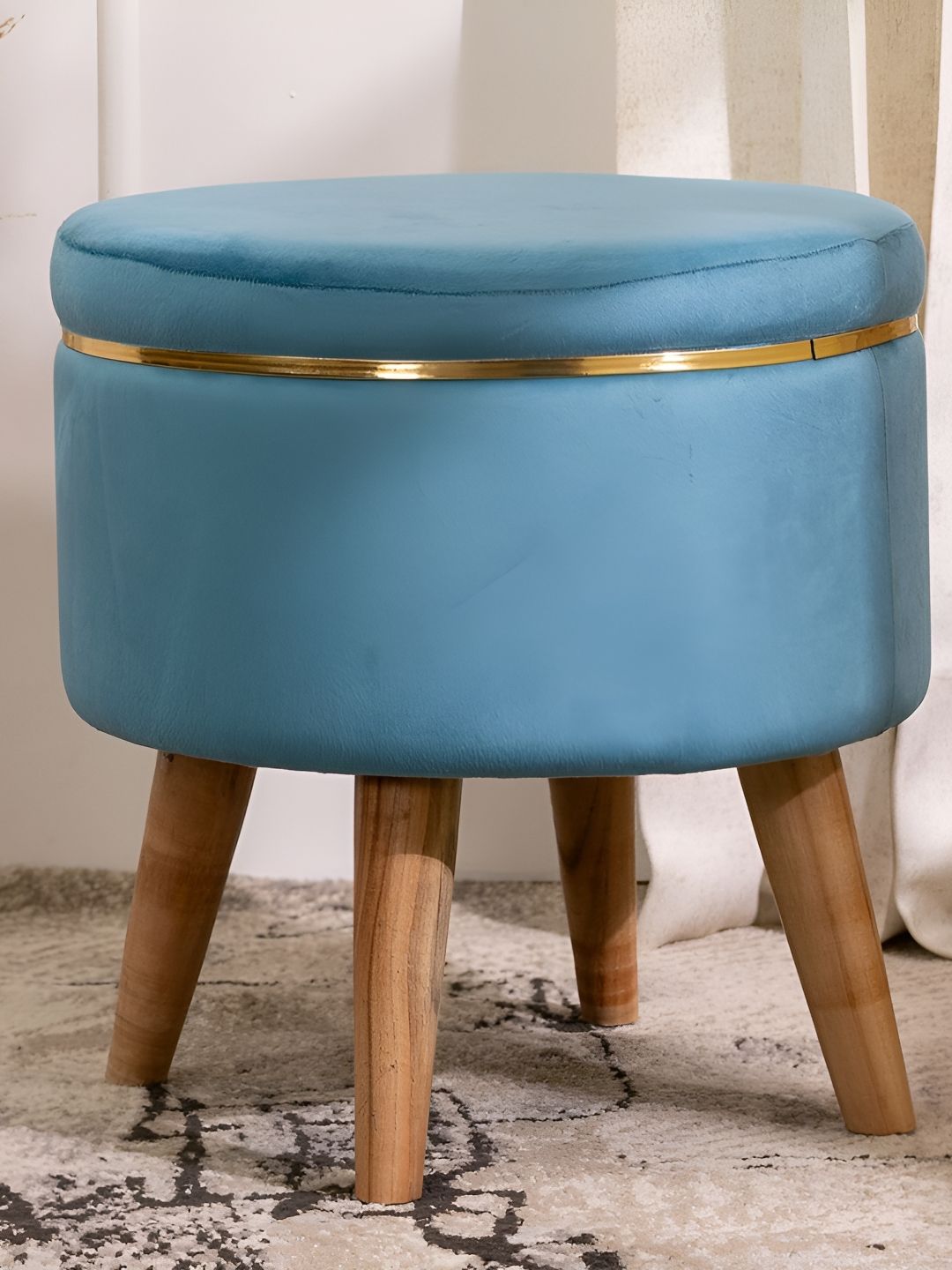 THREADVIBE LIVING Blue & Brown Wooden & Velvet Round Ottoman-picture-27