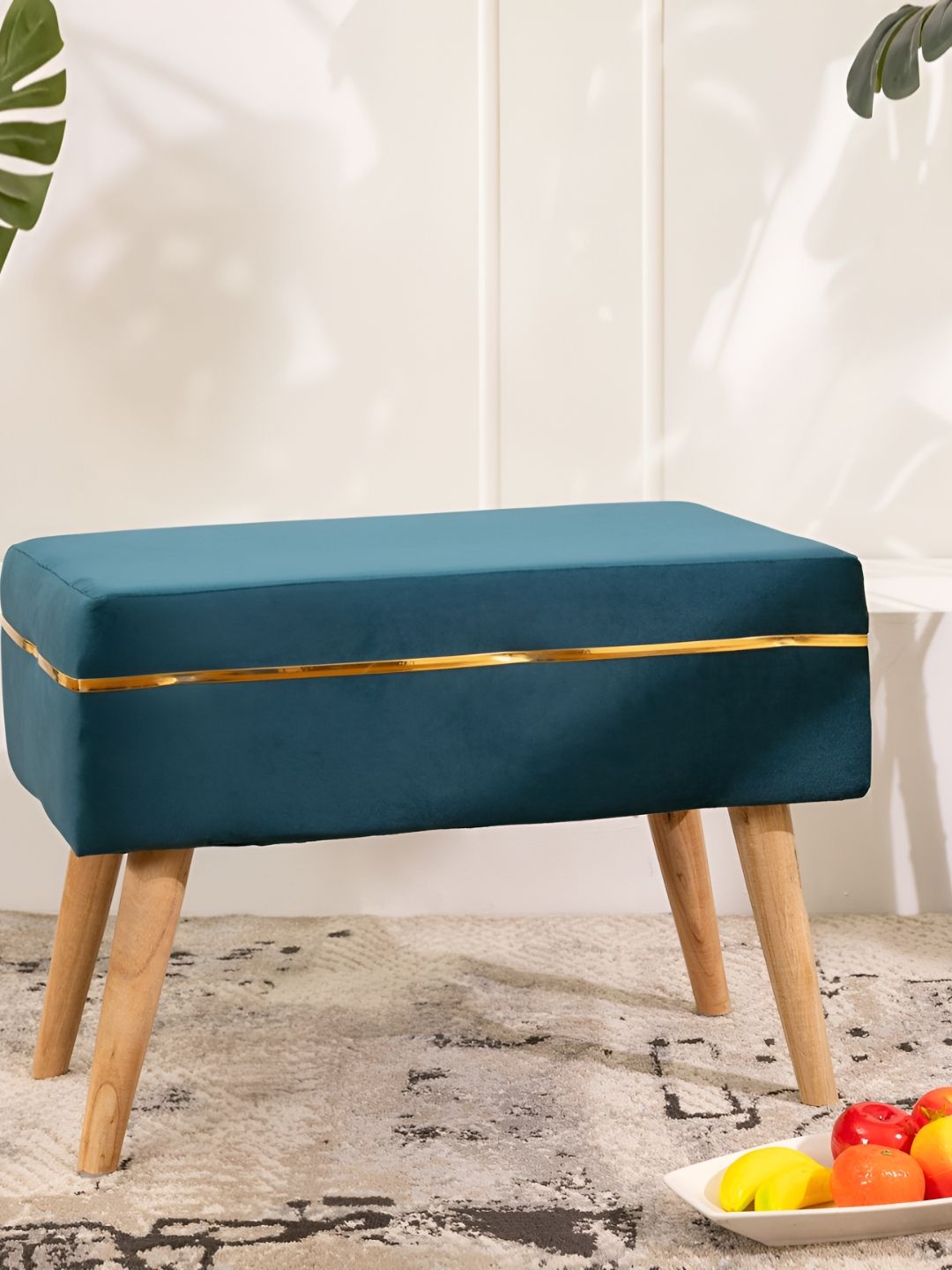 THREADVIBE LIVING Blue & Brown Wooden & Velvet Rectangle Ottoman-picture-57