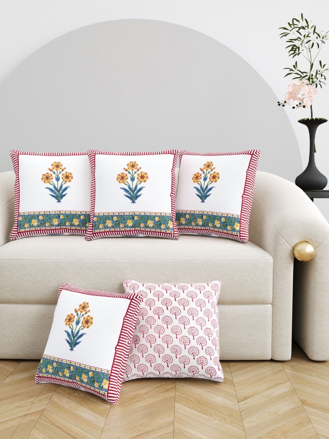 BLOCKS OF INDIA Red & White 5 Pieces Floral Cotton Square Cushion Covers-picture-49