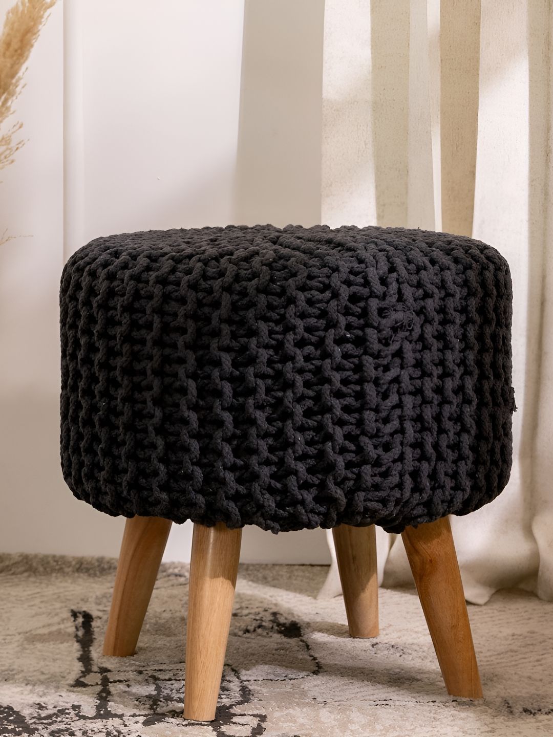 THREADVIBE LIVING Grey & Brown Wooden & Velvet Round Ottoman-picture-51