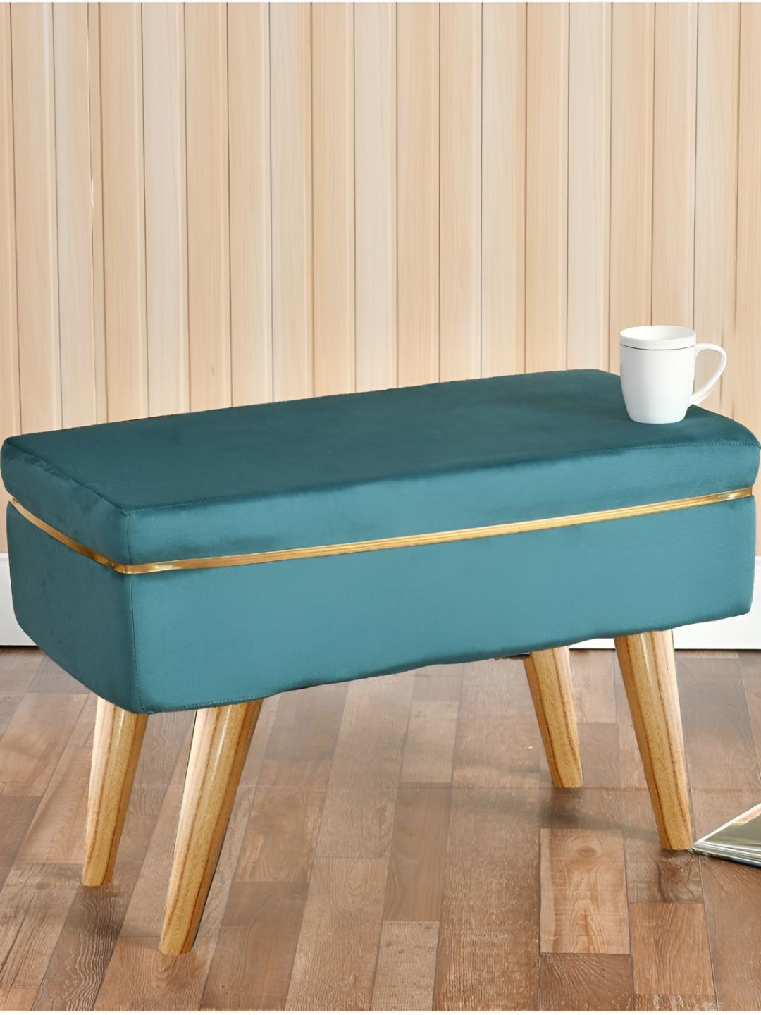 Shadowkart Blue & Brown Rectangle Wooden & Velvet Pouffes Ottoman-picture-33