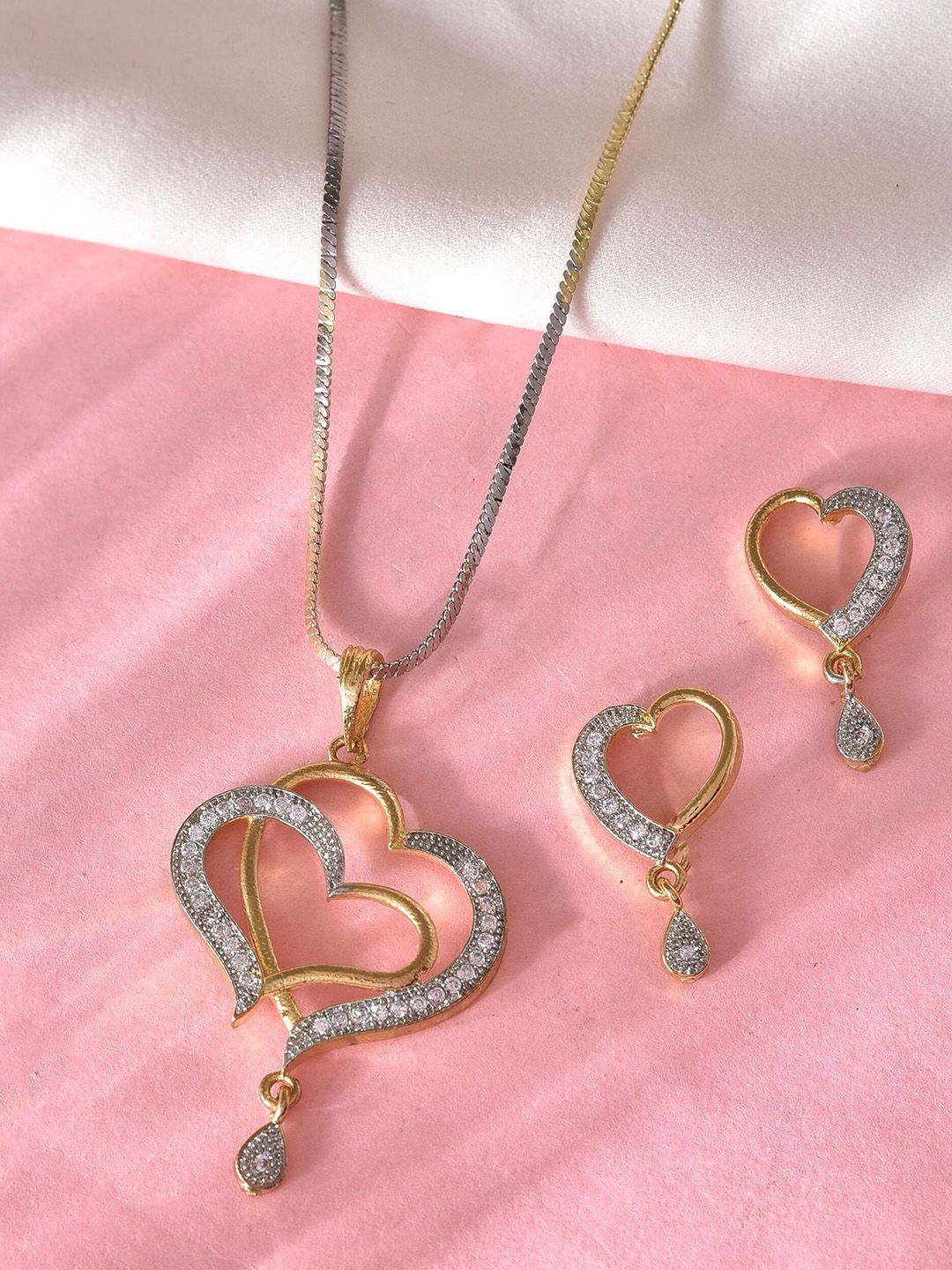 VOJ Stainless Steel Gold-Plated American Diamond-Studded Jewellery Set-picture-11