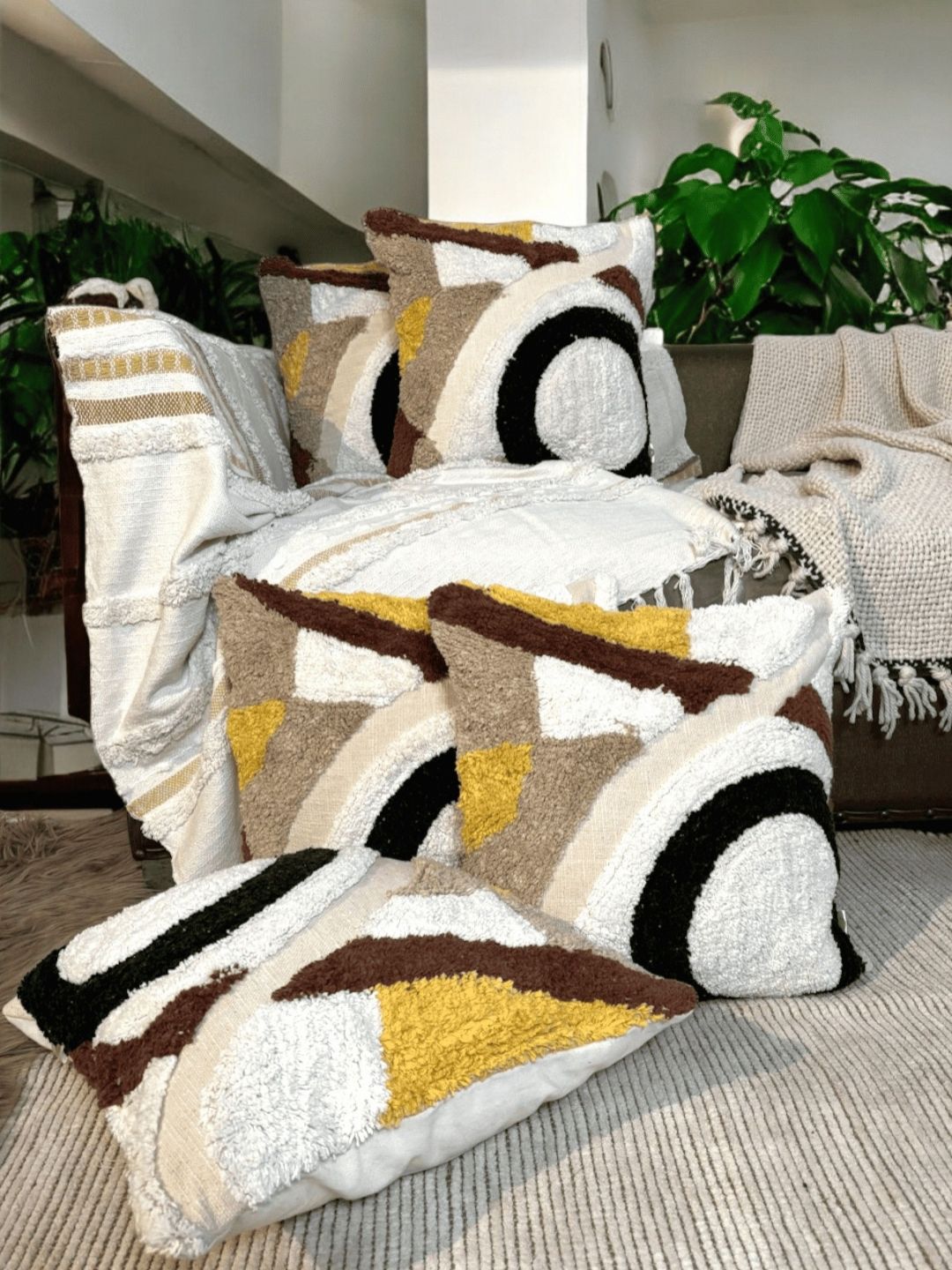 LUSHLYF White & Brown Set of 5 Quirky Square Cushion Covers-picture-45