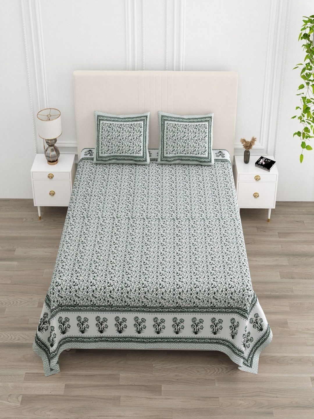 tundwal's White & Blue Floral Printed 210 TC Cotton King Bedsheet Set 2.2 m x 2.74 m-picture-51