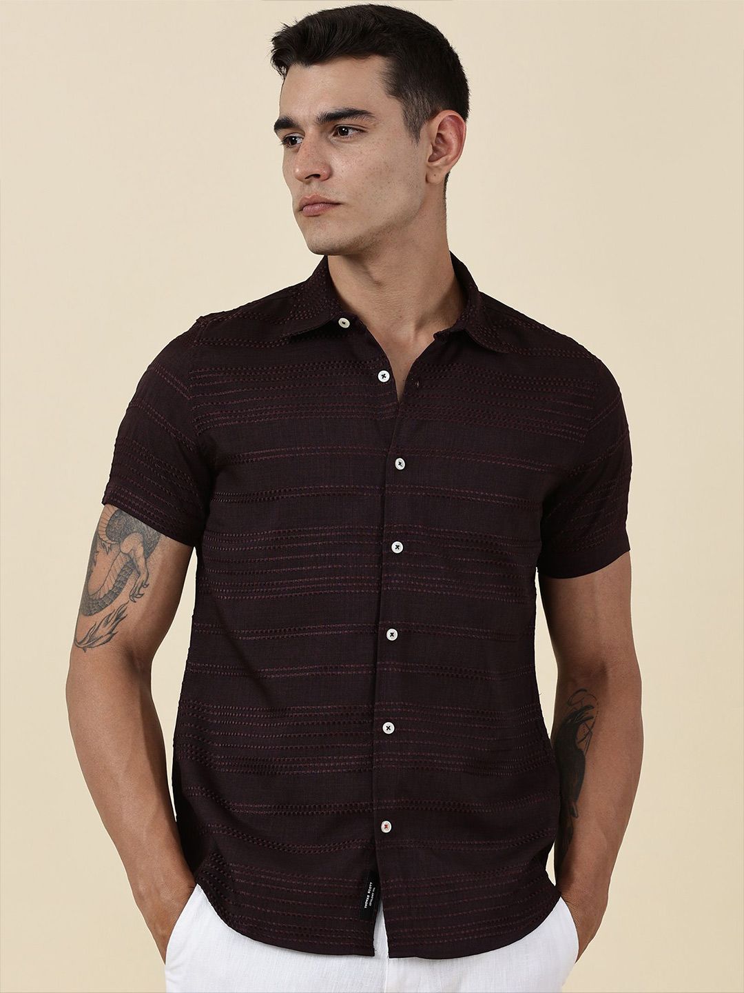 Thomas Scott Men Classic Slim Fit Horizontal Stripes Opaque Printed Casual Shirt-picture-39