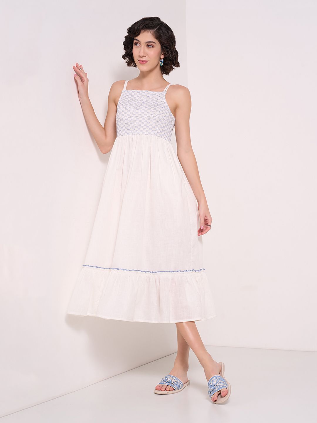 AKKRITI BY PANTALOONS Embroidered Shoulder Straps Fit & Flare Midi Cotton Dress