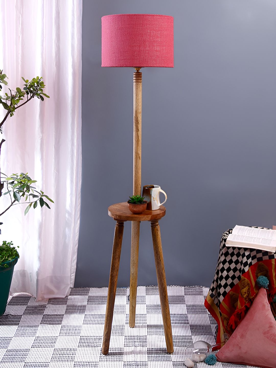 Devansh Brown & Pink Textured Jute Drum Wooden Floor Lamp-picture-36