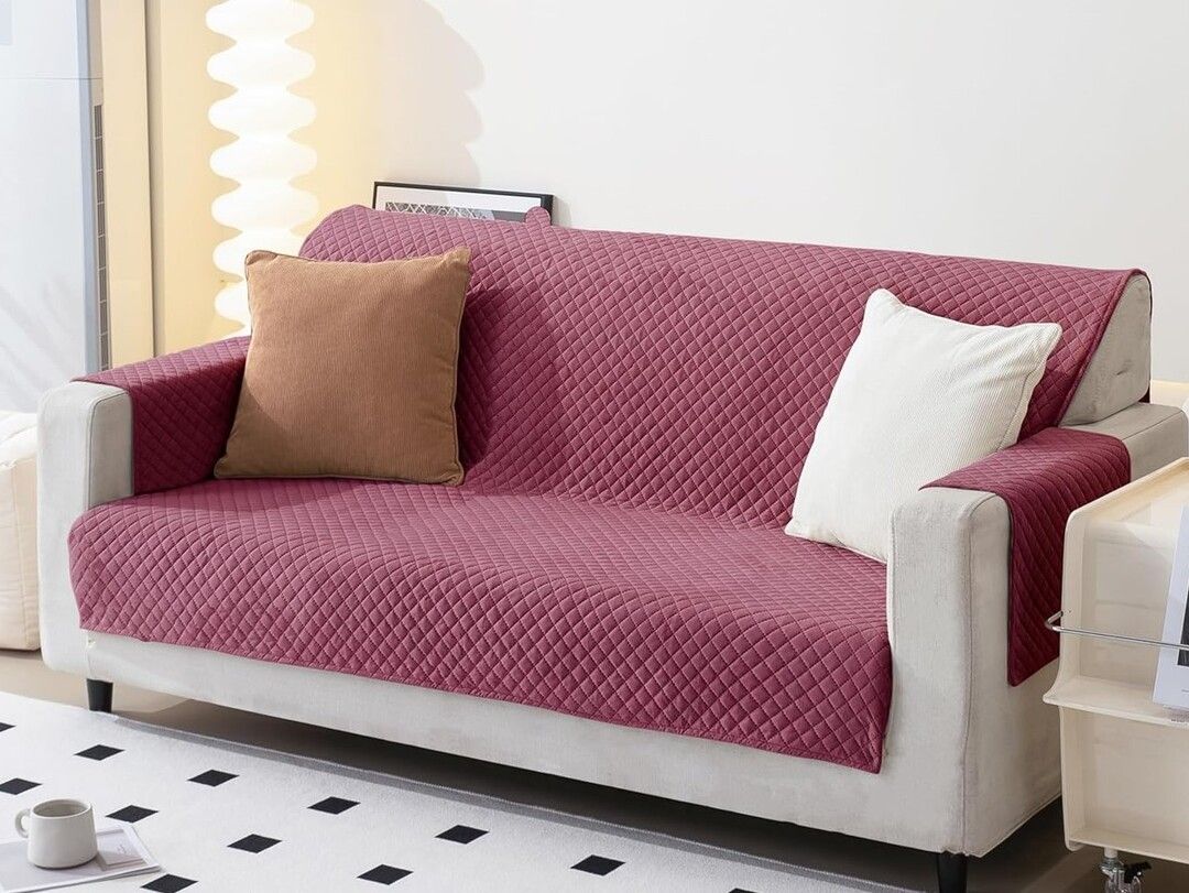 Fashion Throw Pink Checked Velvet 1 Piece Sofa Cover With Arms-picture-16