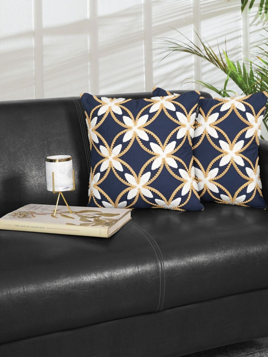 Ode & Cleo Blue & White Set of 2 Embroidered Square Cushion Covers-image-3