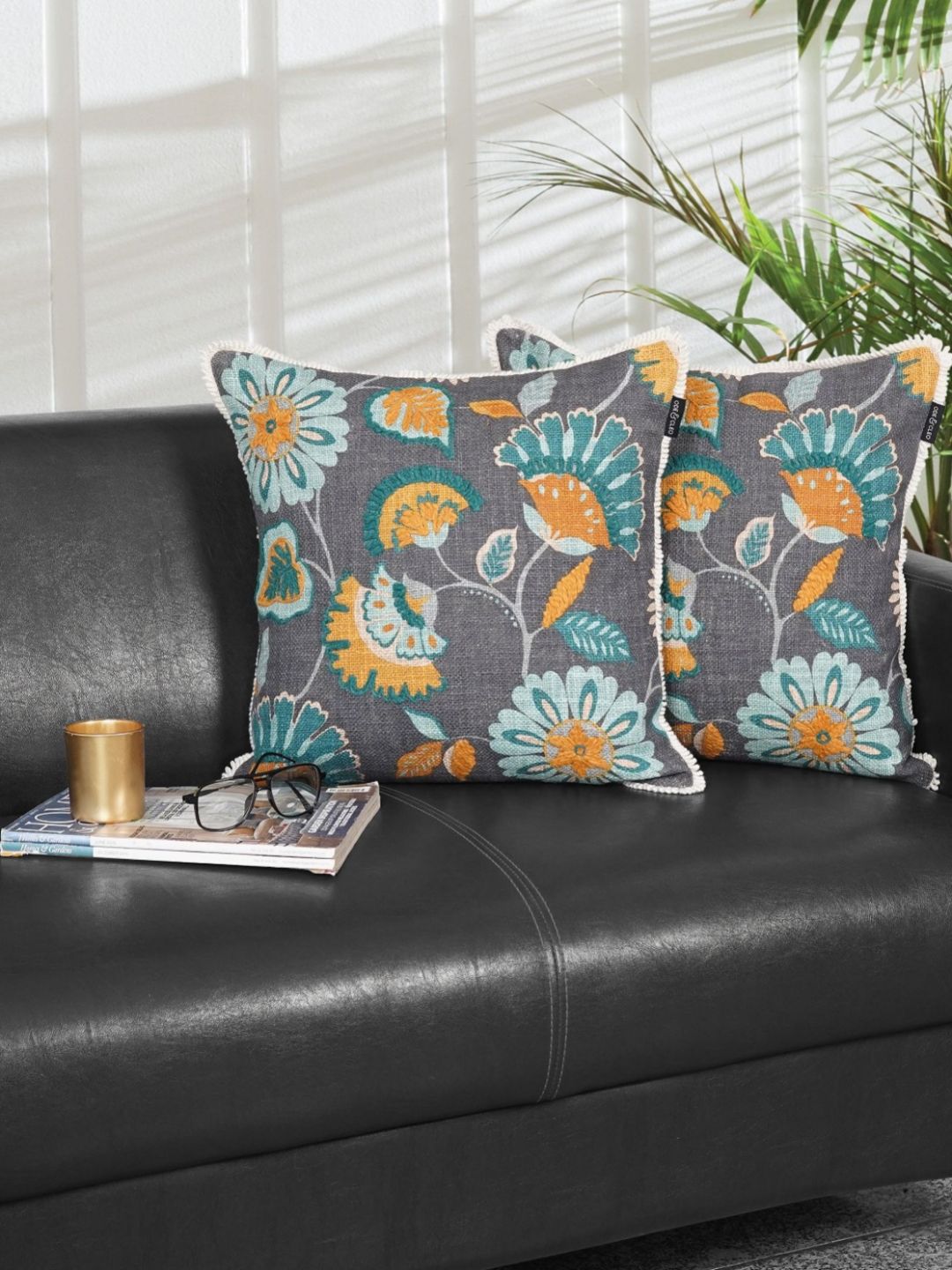 Ode & Cleo Grey & Green Set of 2 Embroidered Square Cushion Covers-image-4