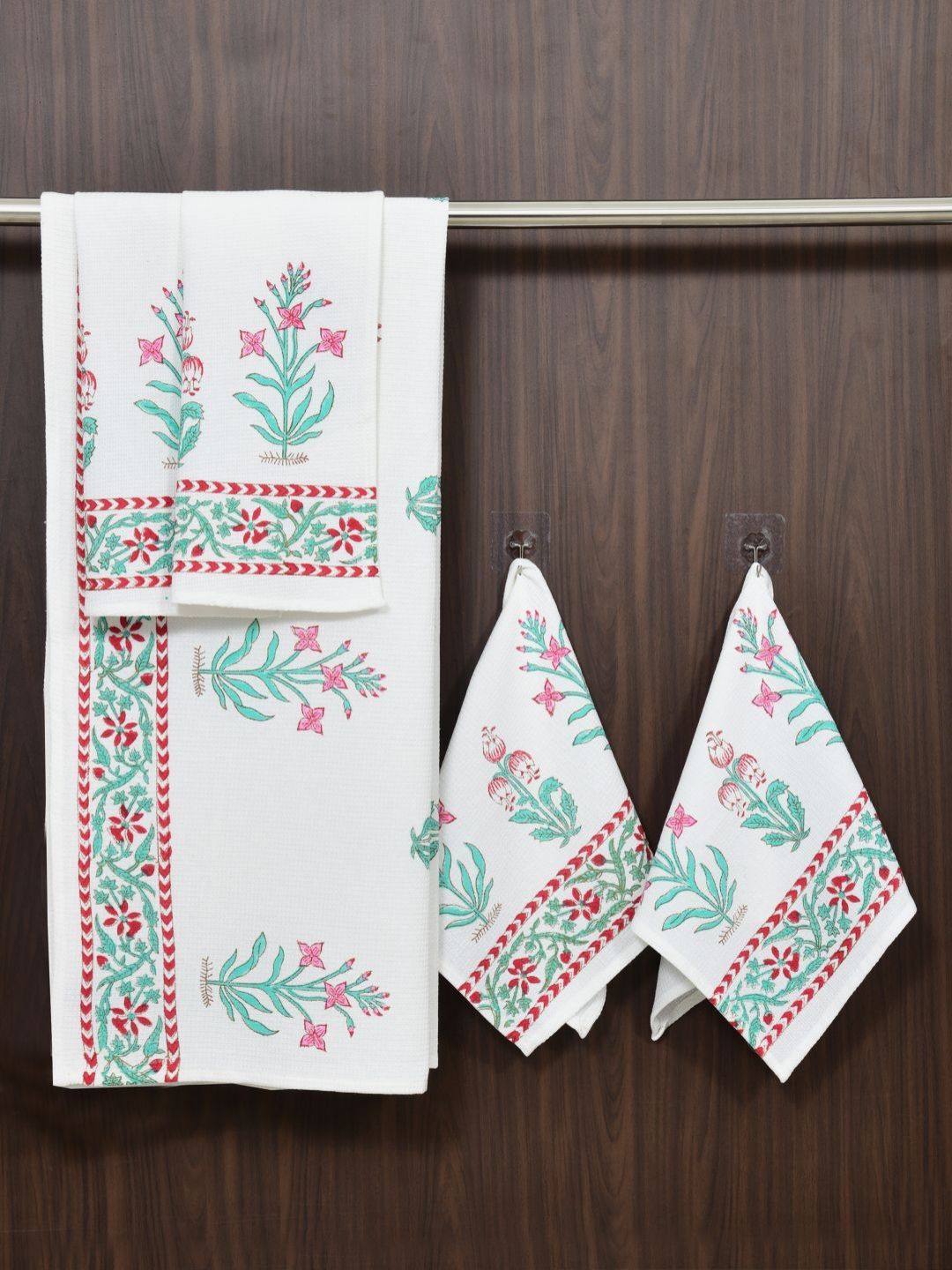 BLOCKS OF INDIA Green & White 5 Piece Printed Cotton 210 GSM Towel Set-picture-6