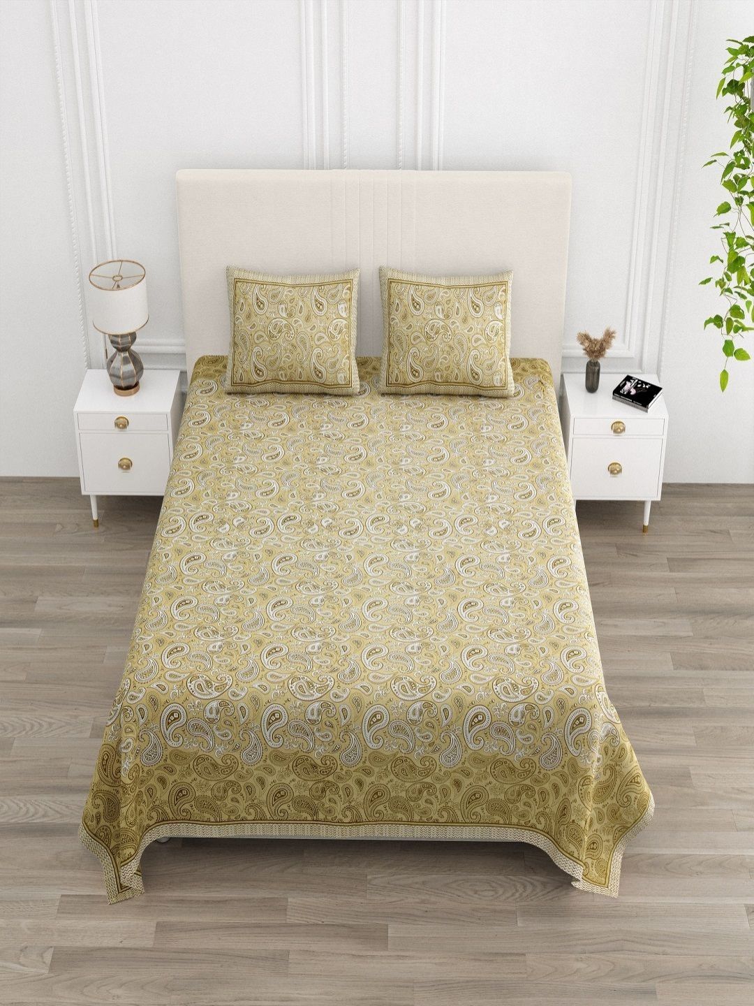 tundwal's Yellow & White Floral Printed Cotton 210 TC King Bedsheet Set-2.74 m X 2.28 m-picture-23